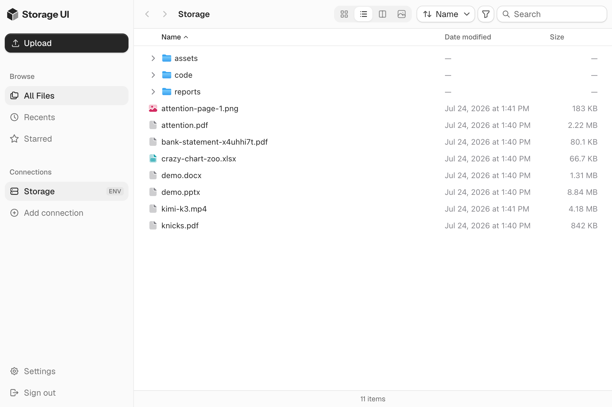 Storage UI list view